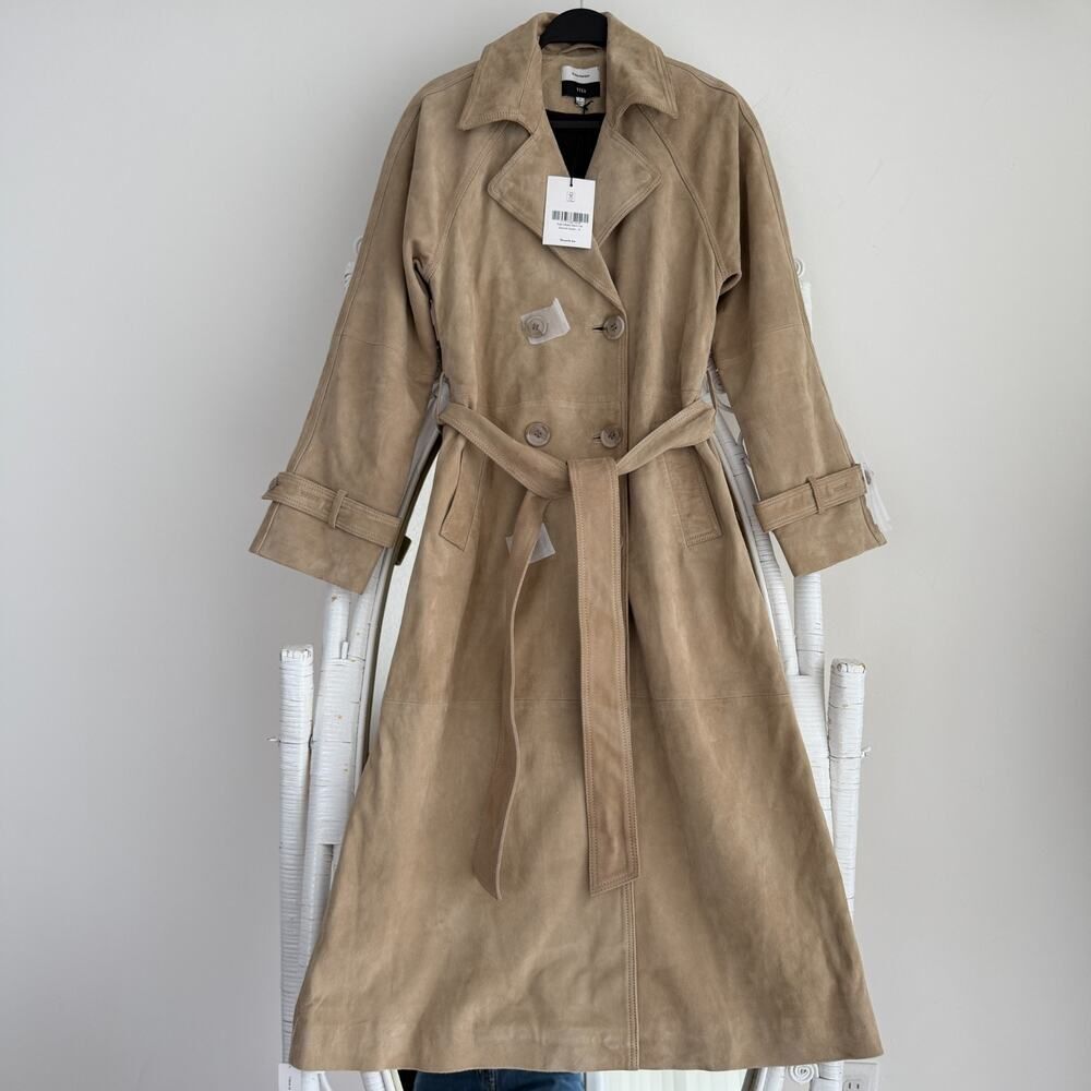 Reformation Veda Leather Jacket Small Tan Suede Trench Coat Belted Double Breast - Picture 2 of 12